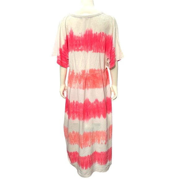 CCC Tie Dye Maxi Dress V Neck Short Sleeve Trendy Red White Stripes Cotton Hippi - Picture 3 of 6